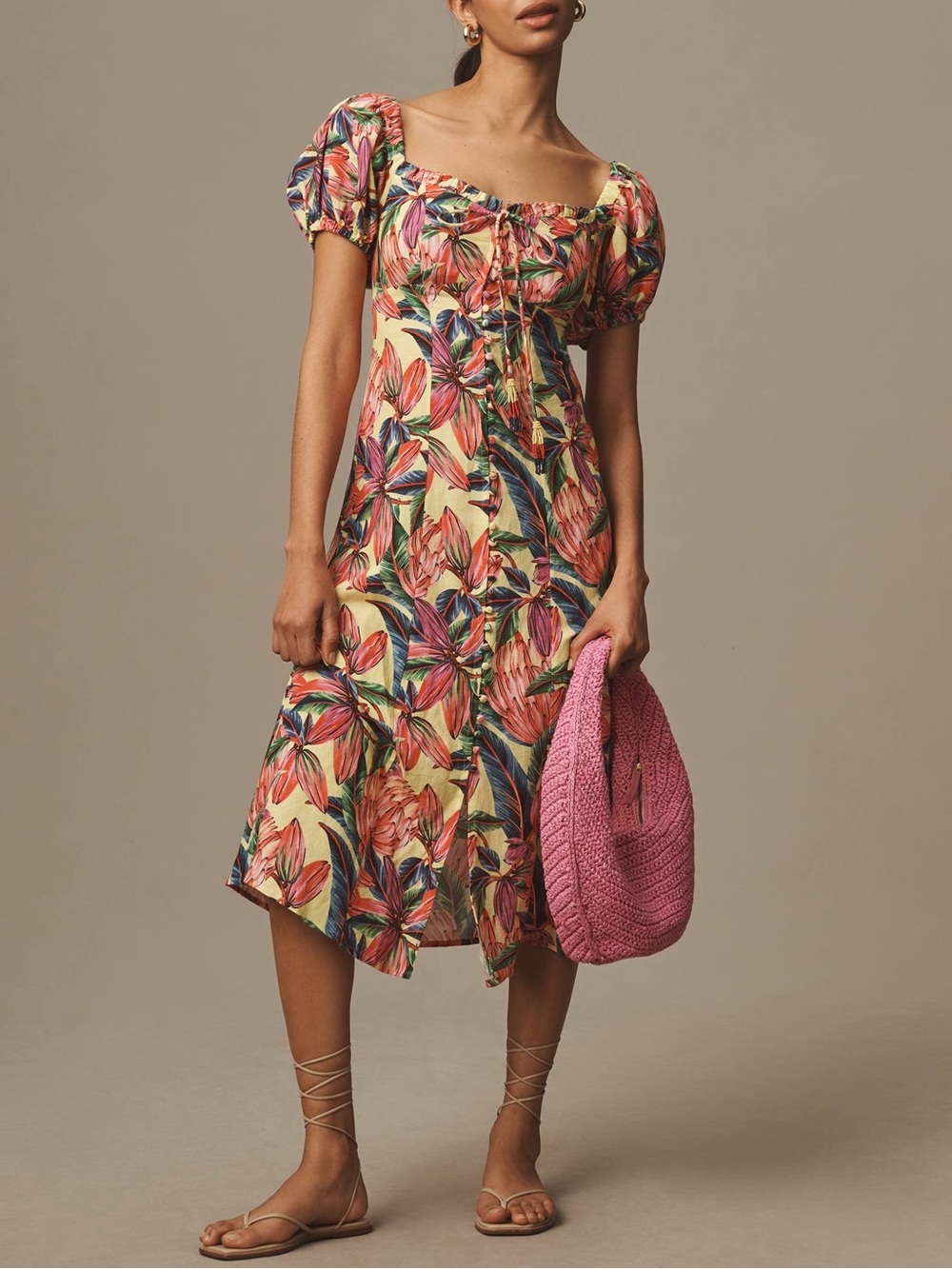 Farm Rio Anthropologie Puff-Sleeve Sweetheart Linen Viscose Midi Dress L